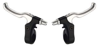 `A NEW ITEM - BRAKE LEVERS - Pair, For Caliper Brake, 2 Finger Type, Alloy, Black bracket and Silver lever. (Sold In Pairs)