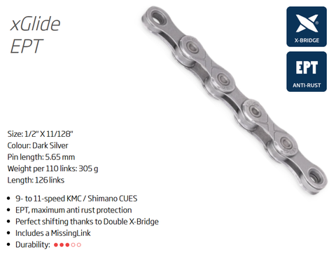 `A NEW ITEM - CHAIN - 9/10/11 CUES - KMC xGLIDE - 126L - SILVER - EcoPro TeQ Coating - X-Series - w/Connect Link