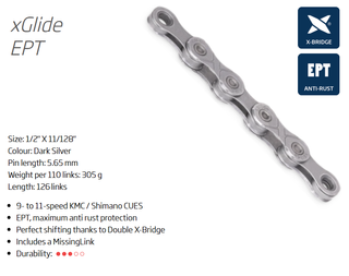 `A NEW ITEM - CHAIN - 9/10/11 CUES - KMC xGLIDE - 126L - SILVER - EcoPro TeQ Coating - X-Series - w/Connect Link