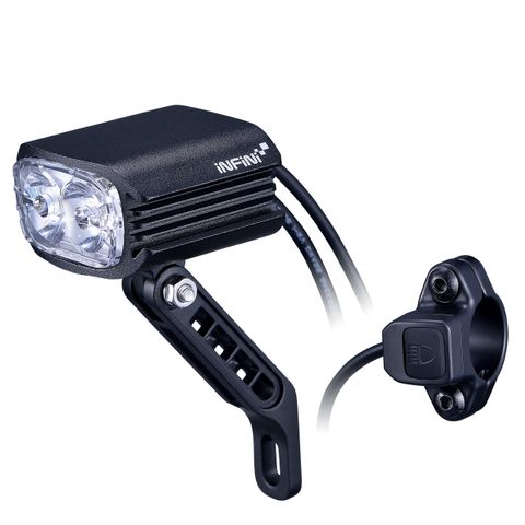 `A NEW ITEM - FRONT LIGHT FOR E-BIKE - 1000 Lumens, 14 Watt, 12-36V, high beam function w/300mm switch cable, w/HB12 stem mount w/1200mm cable, fork mounting option, black