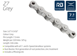 CHAIN - 6-7 Speed - KMC Z7 - 116L - GREY - Rust Buster - w/Connect Link