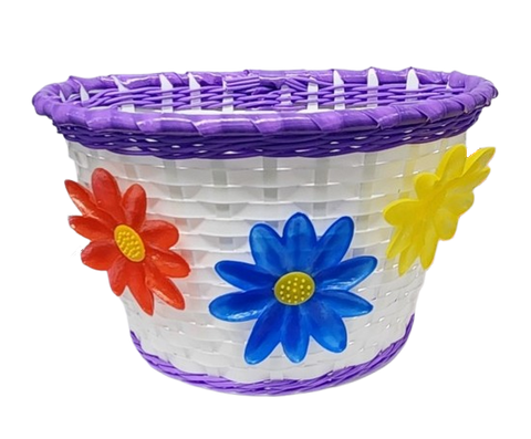 BASKET - Front, Kids, White with Purple Strip & Large Flowers