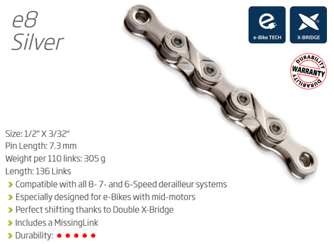 CHAIN - 6-8 Speed - KMC E8 - 136L - SILVER/SILVER - w/Connect Link