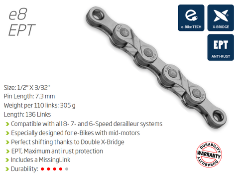 CHAIN - 8 Speed - KMC E8 Turbo EPT - 136L - DARK SILVER - EcoPro TeQ Coating - w/Connect Link - EXTRA LONG - (Ebike Chain, higher pin power for e-Bike torque)
