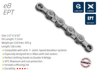 `A NEW ITEM - CHAIN - 8 Speed - KMC E8 Turbo EPT - 136L - DARK SILVER - EcoPro TeQ Coating - w/Connect Link - EXTRA LONG - (Ebike Chain, higher pin power for e-Bike torque)