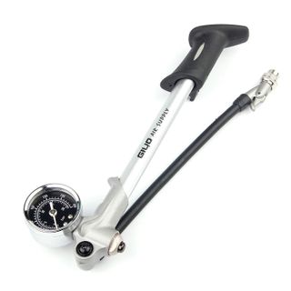 A NEW ITEM - SHOCK PUMP- Foldable shock pump, Alloy, w/lever & gauge, soft 2 tone handle, 300psi, SILVER