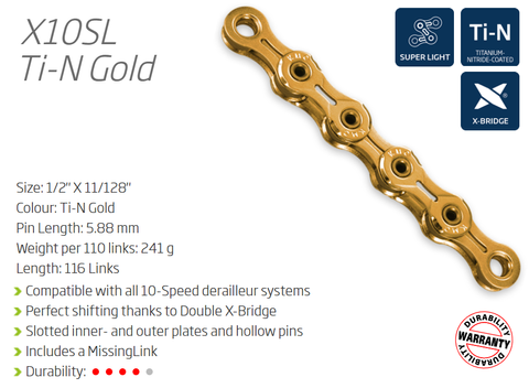 CHAIN - 10 Speed - KMC X10SL - 116L - Ti-N GOLD - X-Superlight - w/Connect Link