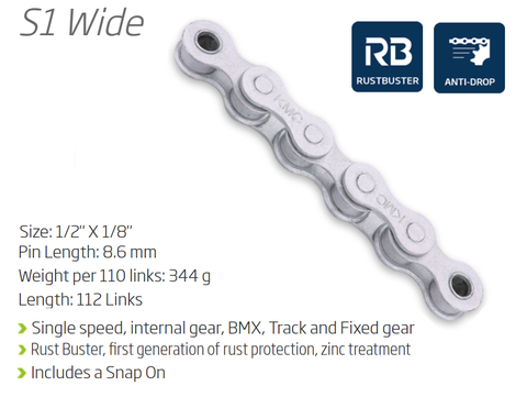 CHAIN - Single Speed - KMC S1 - 112L - GREY - Rust Buster - w/Connect Link