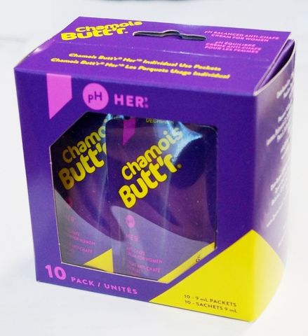 Chamois Butt'r Her'10 Pack (10-9ml/.30 oz packets), a non-greasy skin lubricant developed specifically for women's pH levels