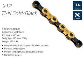 CHAIN - 12 Speed "TRP EVO"( SRAM non T, SHIM, TRP AND CAMPY compatable ) KMC X12 - 1/2" x 11/128" x 126L - w/Connect Link, Gold/Black,