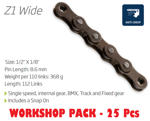 CHAIN WORKSHOP BOX - Single Speed - KMC Z1 - 112L - BROWN - w/Connect Link - Includes 25 Chains