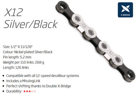 CHAIN - 12 Speed "TRP EVO"  ( SRAM non T, SHIM, TRP AND CAMPY compatable ) s KMC X12 - 1/2" x 11/128" x 126L - w/Connect Link, Silver/Black,