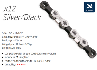 CHAIN - 12 Speed "TRP EVO"  ( SRAM non T, SHIM, TRP AND CAMPY compatable ) s KMC X12 - 1/2" x 11/128" x 126L - w/Connect Link, Silver/Black,