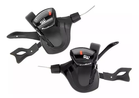 SHIFTER SET - Right Hand 10 Speed, Left Hand 2 Speed, Thumb Tap Dual Trigger, Alloy large lever with gear display and stainless steel cable, Sunrace, Black (NOT Shimano I-SPEC&reg; II Compatible)
