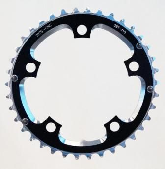 110mm BCD, 5H Road Chainring, 38T - 9/10 Speed, 7075 CNC Alloy, Black, w/Ramps