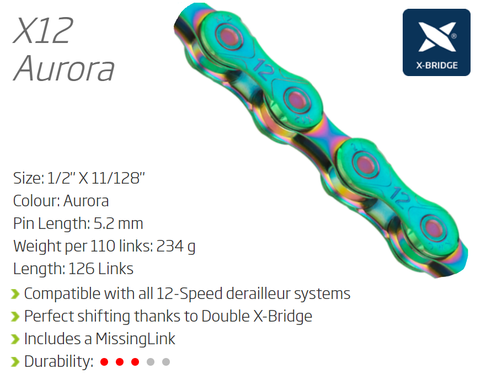 CHAIN - 12 Speed - KMC X12 - 126L - ( SRAM non T, SHIM, TRP AND CAMPY compatable ) AURORA Green (Limited Edition) - X-Series - w/Connect Link