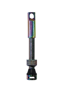 Tubeless Valve, Alloy, Oil slick, patent design with extra side hole, 60mm (Sold Individually) FV/PV - Great valve for use with tyre inserts (Integrated valve removal tool in cover)