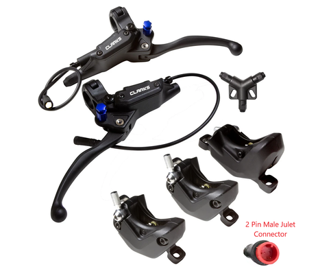 CLARKS Cargo Hydraulic Disc Brake Set  shut off, 2 piston, 2X1 Configuration 3x180mm (2.3mm) + Shut-off, also compatible for non-ebike