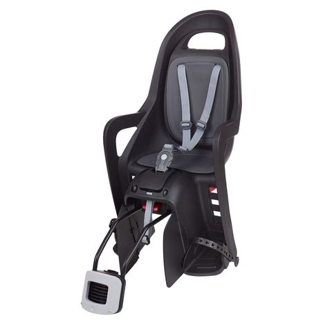 BABY SEAT - POLISPORT Groovy RS, Reclining, Q/R (frame mount), suits 26"-29ers with a 28mm-40mm OD Seat Tube, 22kg weight limit, 3 Point Safety Harness, E-bike compatible Black/dark grey