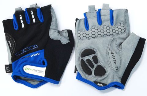 BLACK with BLUE TRIM GLOVES  -  PRO SERIES, Amara Palm, Lycra Towel with GEL Padding MEDIUM