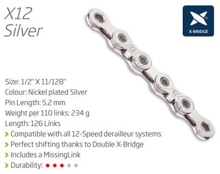 CHAIN - 12 Speed - KMC X12 - ( SHIM, TRP AND CAMPY compatible ) 126L - SILVER - X-Series - w/Connect Link