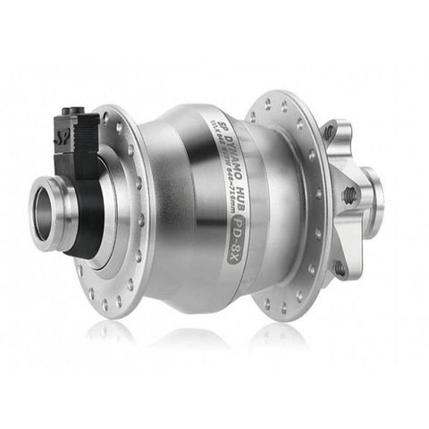 DYNAMO HUB Shutter Precision, PD-8X. 6V 3W Output, Front, 32H, 6 Bolt Disc, 15mm x 100mm Thru Axle, with QR Adapter, SILVER