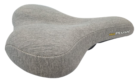 Saddle, vinyl top grey, steel black rail, w/o clamp, with black bumper, 270x210mm, VELO PLUSH (Integrated handle for lifting bike)