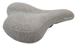 Saddle, vinyl top grey, steel black rail, w/o clamp, with black bumper, 270x210mm, VELO PLUSH (Integrated handle for lifting bike)