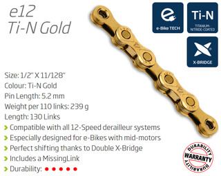 CHAIN - 12 Speed - KMC E12 ( SRAM non T, SHIM, TRP AND CAMPY compatable ) - 130L - Ti-N GOLD - w/Connect Link - (Ebike Chain, higher pin power for e-Bike torque)