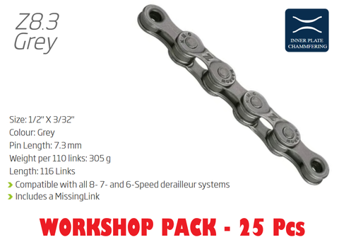 "NEW"  -  CHAIN WORKSHOP BOX - Includes 25 Chains - KMC Z8.3 - 6/7/8 Speed Chains - 116L - Grey (almost silver) - with Connect Link