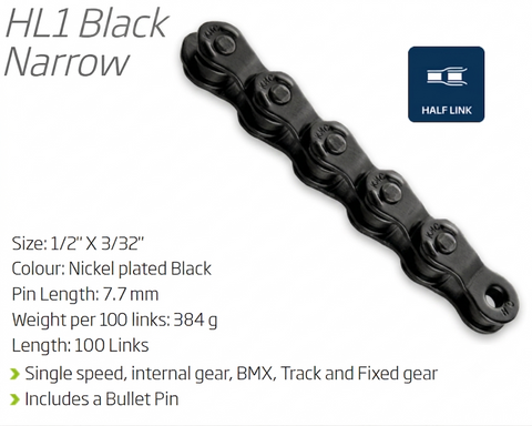 "NEW" - CHAIN - Single Speed - KMC HL1 Narrow - 100L - BLACK - w/Connect Pin - (Half Link Chain)
