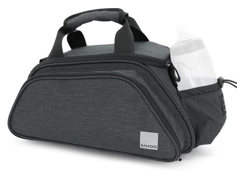 SAHOO  Rack Top Bag, 11L, Main pocket, 2 side zippered pockets open to become Pannier Bags, water bottle pocket, L40/W16/H21cm ,velcro attach, Black, WAXED 600D Nylon
