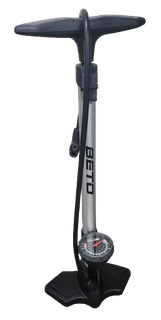 "NEW" - Floor pump, 25", alloy, dia 32mm barrel, 2.5" spring gauge, tri-valve head for A/V & F/V & Dunlop, w/ball needle set, rubber covered handle, silver