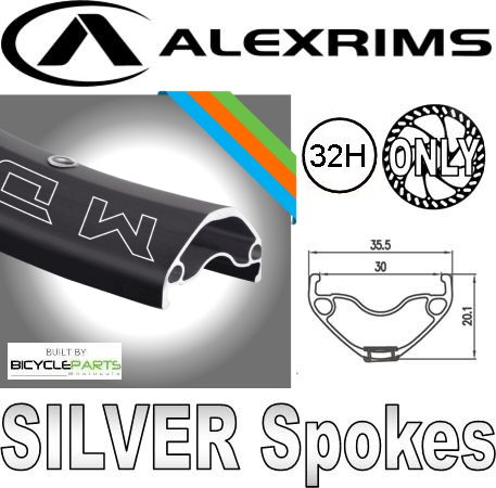WHEEL - 29er Alex MD30 32H P/j Black Rim, FRONT 15mm T/A (110mm OLD) 6 Bolt Disc Sealed KT E-MTB Boost Black Hub, SILVER Spokes