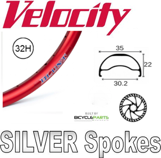 WHEEL - 29er Velocity Blunt 35 32H Red Rim, FRONT 15mm T/A (100mm OLD) Centerlock Disc Sealed KT GRAVEL Black Hub, SILVER Spokes