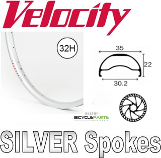 WHEEL - 29er Velocity Blunt 35 32H White Rim, FRONT 15mm T/A (110mm OLD) 6 Bolt Disc Sealed KT E-MTB Boost Black Hub, SILVER Spokes