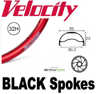 WHEEL - 29er Velocity Blunt 35 32H Red Rim, FRONT 15mm T/A (110mm OLD) 6 Bolt Disc Sealed KT E-MTB Boost Black Hub, BLACK Spokes