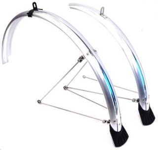 MUDGUARD SET  700c, Front (w/1 x stay) & Rear (w/2 x stays) metal fittings, SILVER (44mm Wide) (Mounting bolts NOT included)