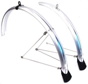 MUDGUARD SET  700c, Front (w/1 x stay) & Rear (w/2 x stays) metal fittings, SILVER (44mm Wide) (Mounting bolts NOT included)