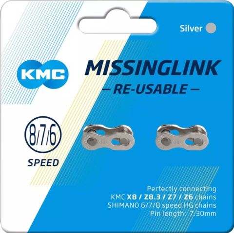 Connecting Link, KMC Card of 2,  7.3mm size fits most 6,7,8 Speed chains, Silver.