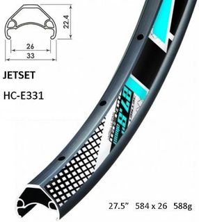 RIM 27.5/650B x 26mm - JETSET HC-E331 - 32H - (584 x 26) - Schrader Valve - Disc Brake - D/W - BLACK - Tubeless Ready - (Requires AV tubeless valve) - Quality Jetset rim made in Taiwan - (ERD-555mm)