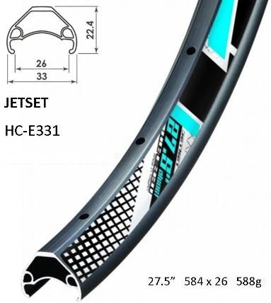 RIM 27.5/650B x 26mm - JETSET HC-E331 - 32H - (584 x 26) - Schrader Valve - Disc Brake - D/W - BLACK - Tubeless Ready - (Requires AV tubeless valve) - Quality Jetset rim made in Taiwan - (ERD-555mm)