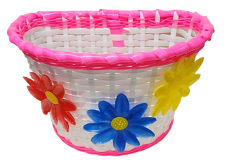 BASKET - Front, Kids, White with Pink Strip & Large Flowers