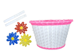 BASKET - Front, Kids, White with Pink Strip & Large Flowers