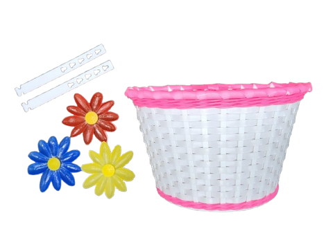 BASKET - Front, Kids, White with Pink Strip & Large Flowers