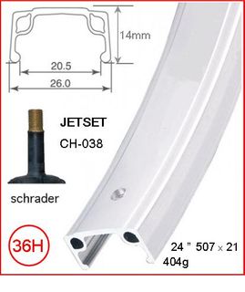 RIM 24" x 21mm - JETSET CH-038 - 36H - (507 x 21) - Schrader Valve - Rim Brake - S/W - SILVER - Quality Jetset rim made in Taiwan - (ERD 494)