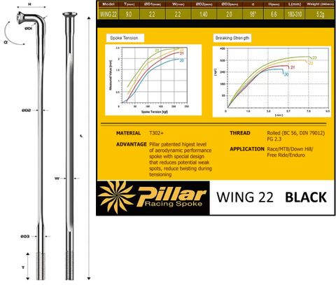Pillar AERO Spoke PSR WING22,  J-Hook, 1.4mm thick x 2.2mm wide,stainless 14g x 289 black. (incls Brass nipples) (SOLD INDIVIDUALLY) Can be cut up to 10mm