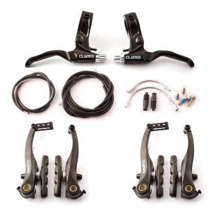 V BrakeSet, 2 x 110mm V-Brake arm sets, Pair Levers, Cables, Pads, and Guide Pipes, use with twist and thumb gear shift., hinged clamp levers Value CLARKS product
