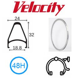 RIM 26" x 18mm - VELOCITY CHUKKER - 48H - (559 x 18) - Presta Valve - Rim Brake - D/W - SILVER