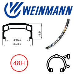 RIM 20" x 24mm - WEINMANN DM30 - 48H - (406 x 24) - Schrader Valve - Rim Brake - D/W - BLACK